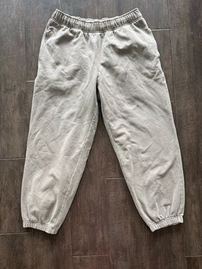 Athleta Forever Fleece High Rise Jogger Sweatpants w Pockets Khaki Drawstring M